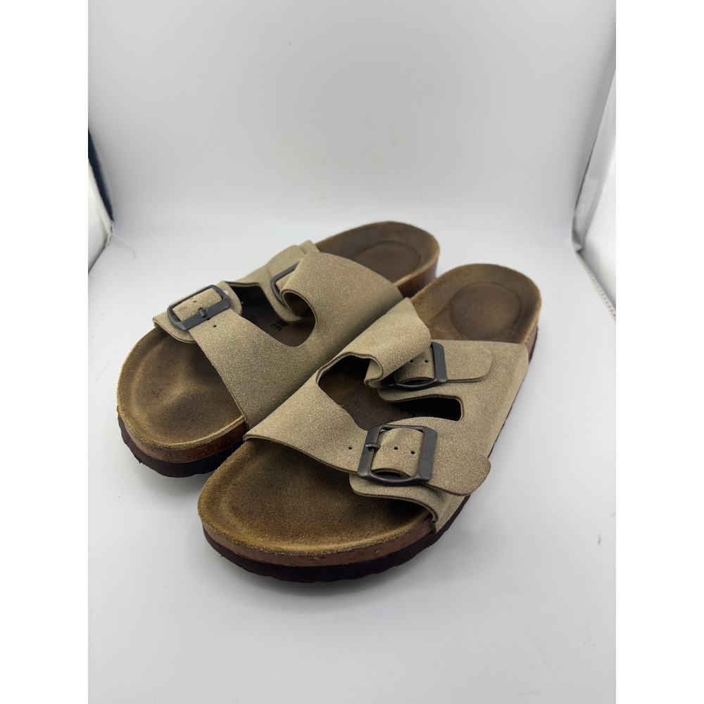 Cushionaire Lane Taupe Suede Cork Footbed Sandals Womens 7M Double Strap Slide